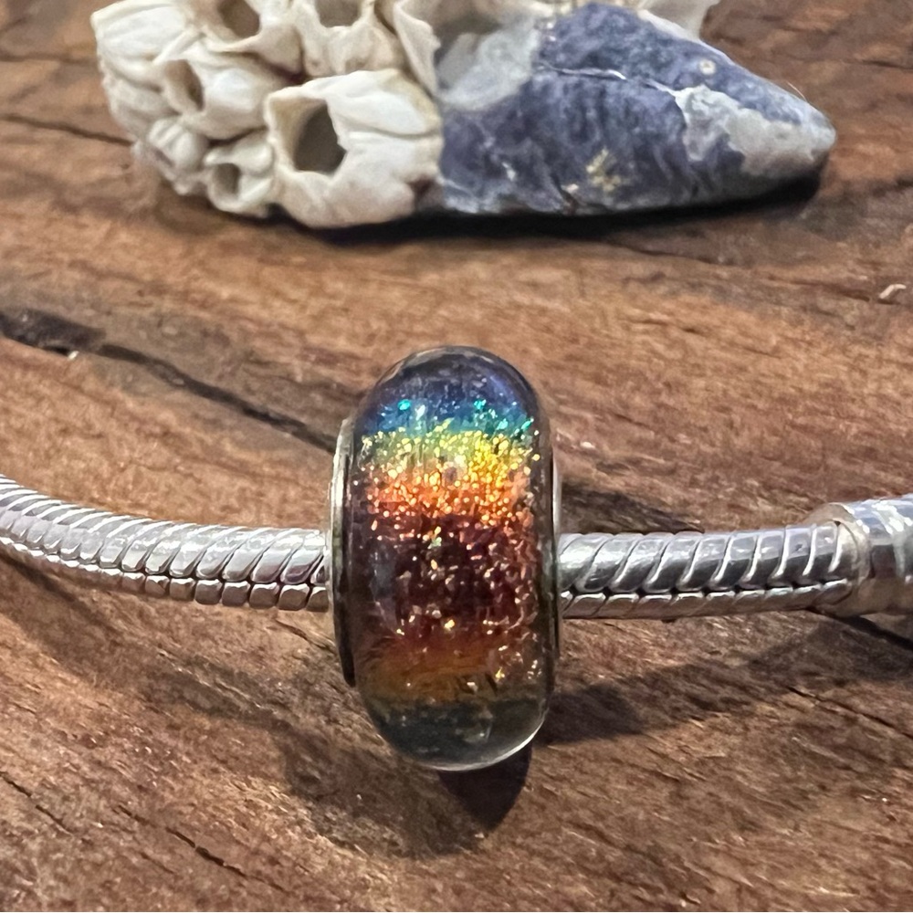 Authentic Chamilia Murano Iridescent Collection Blue Rainbow Glitter Glass Bead